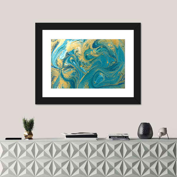 Teal Ink Marble with Gold Veins Canvas Wall Art