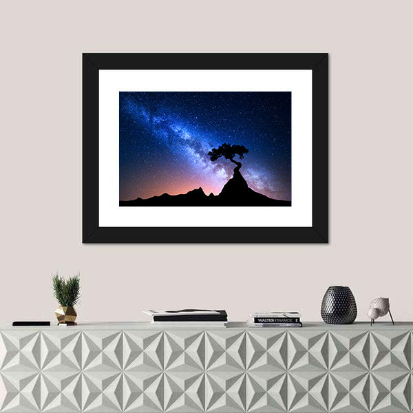 Alone Tree Under Starry Sky Canvas Wall Art
