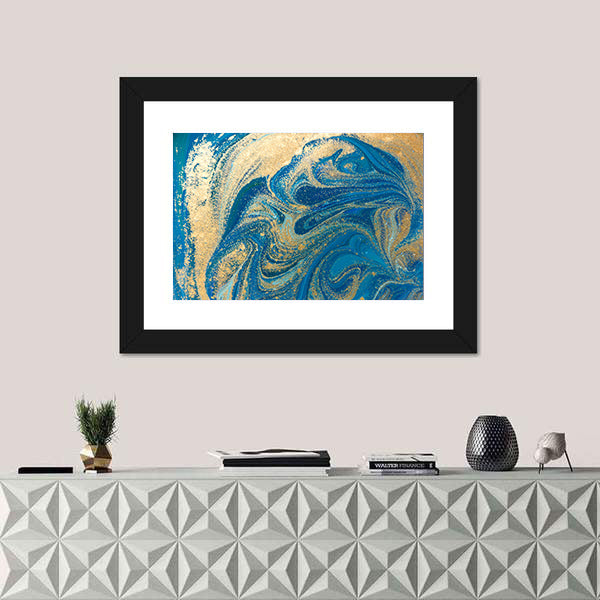 Hand Drawn Blue and Gold Marbling Canvas Wall Art