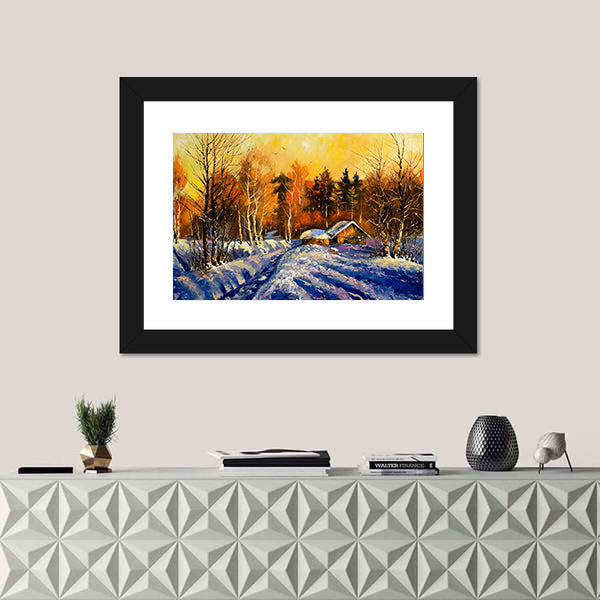 Evening In Winter Village Canvas Wall Art