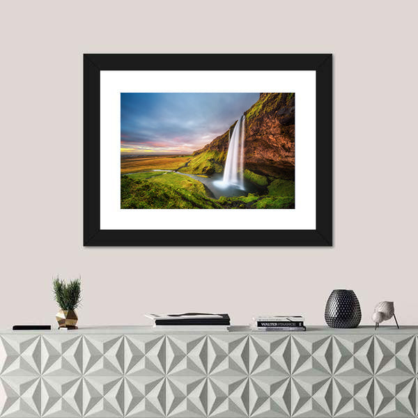 Seljalandsfoss Waterfall At Sunset In Iceland Canvas Wall Art