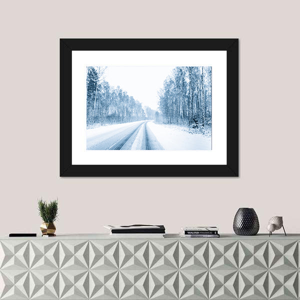 Snow Covered Open Road In Winter Canvas Wall Art