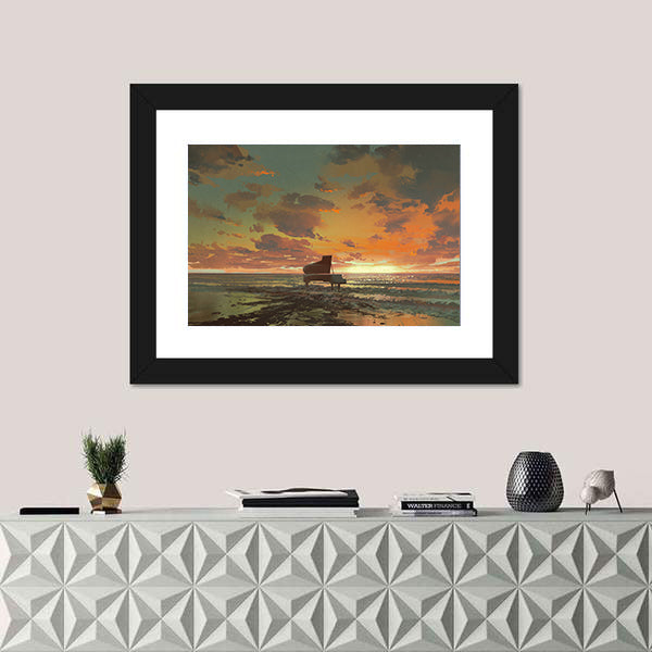 Surreal Piano On Beach Sunset Canvas Wall Art