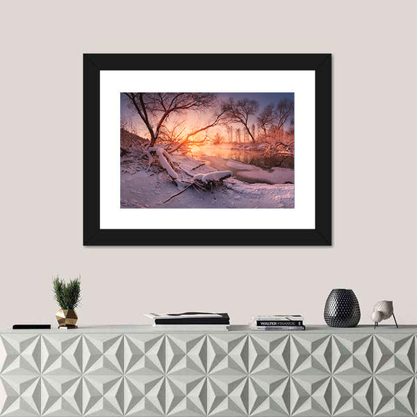 Frozen River At Sunset Canvas Wall Art