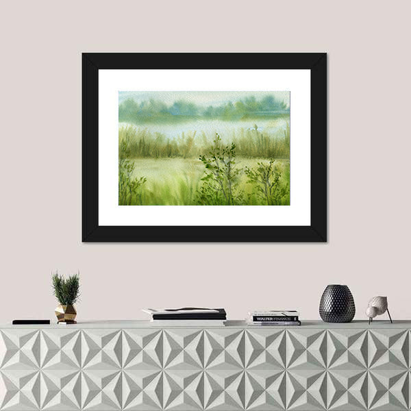 Fog At River With Grass Canvas Wall Art
