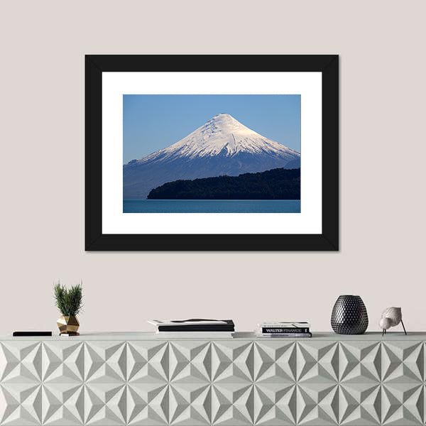 Snow-capped Volcano Over Calm Lake Canvas Wall Art