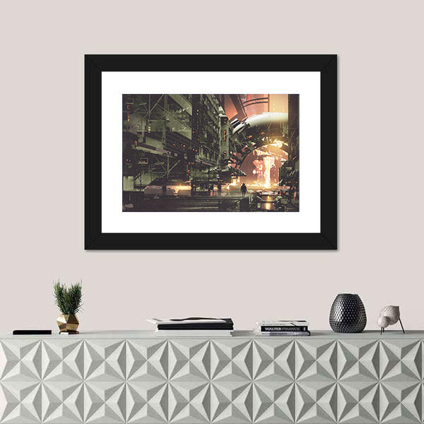 Cyberpunk City With Futuristic Buildings Canvas Wall Art