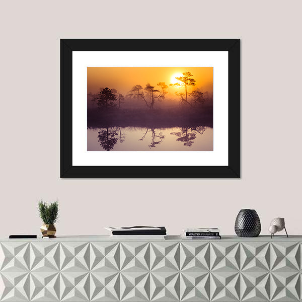Sun Rising Above Misty Lake Canvas Wall Art