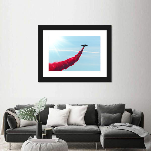 Airplane fly With Red Trail Smoke Canvas Wall Art
