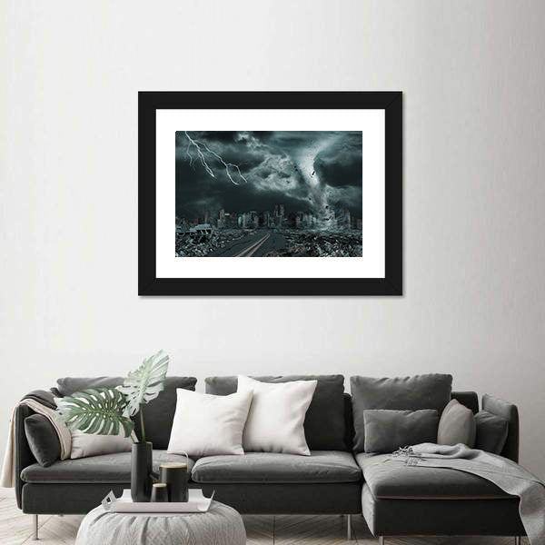 Tornado Over Ruined City Skyline Canvas Wall Art