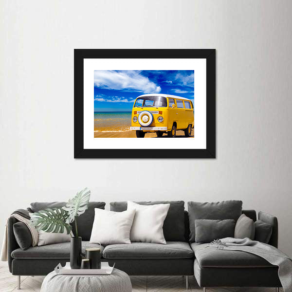 Yellow Vintage Van on Sandy Beach Canvas Wall Art