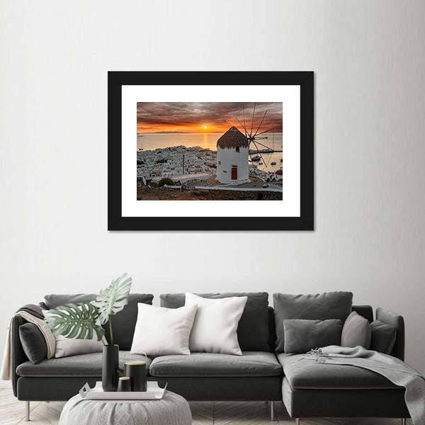 Mykonos Sunset with White Windmill Canvas Wall Art