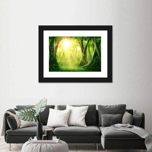 Dark Magic Forest With Sunshine Canvas Wall Art