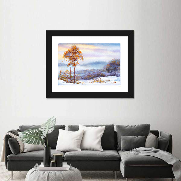 Snow Covered Valley with Orange Trees Canvas Wall Art