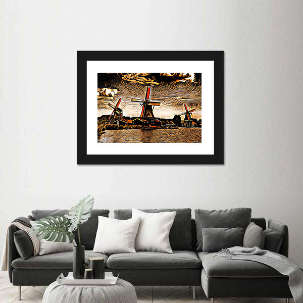 Three Vintage Windmills at Sunset Canvas Wall Art