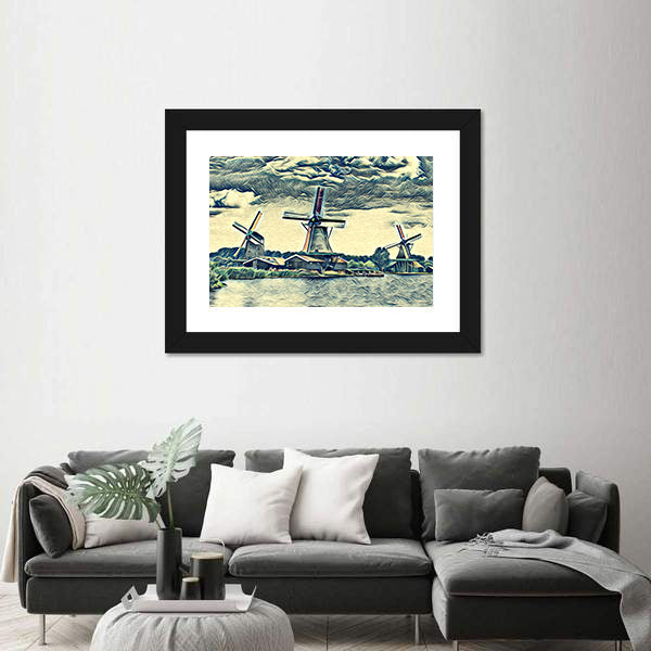 Vintage Dutch Windmills Landscape Canvas Wall Art