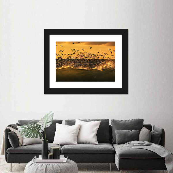 Seagulls Hovering Over Stormy Sea Canvas Wall Art
