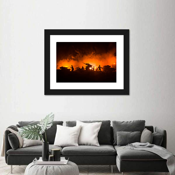 Soldier Silhouettes with Tanks and Anti-aircraft Canvas Wall Art