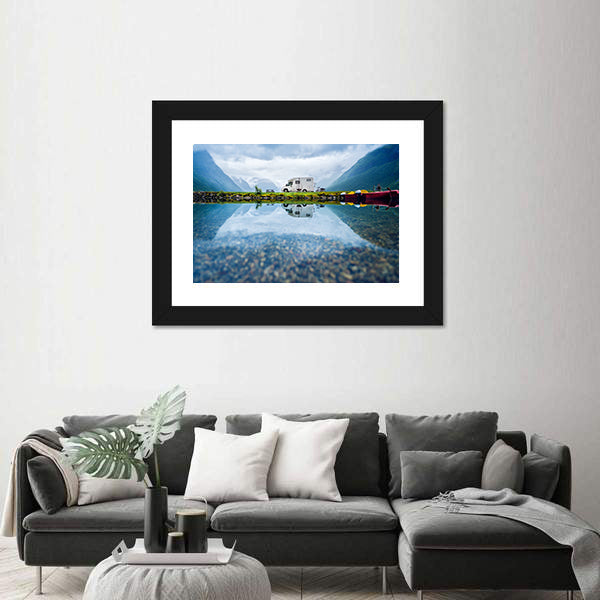 Motorhome by Mountain Lake, Norway Canvas Wall Art