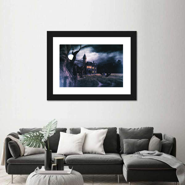 Moonlit Haunted Victorian Mansion Canvas Wall Art