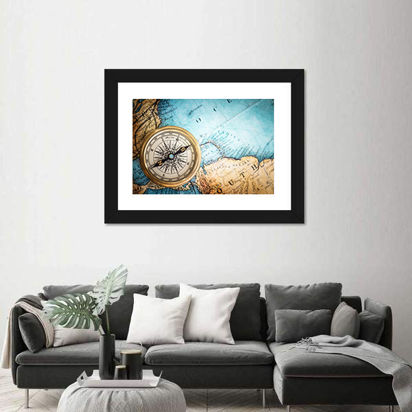 Brass Compass on Antique World Map Canvas Wall Art