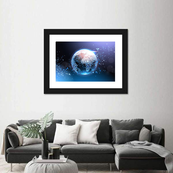Digital Wireframe Globe Network Canvas Wall Art