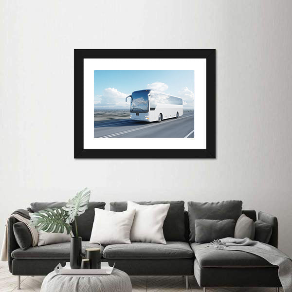 White Coach Bus on Highway Canvas Wall Art