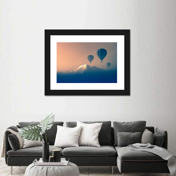 Silhouette Of Air balloon Flying In The Mountains Canvas Wall Art