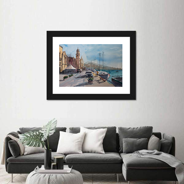 Harbor Town Sketch with Clock Tower Canvas Wall Art