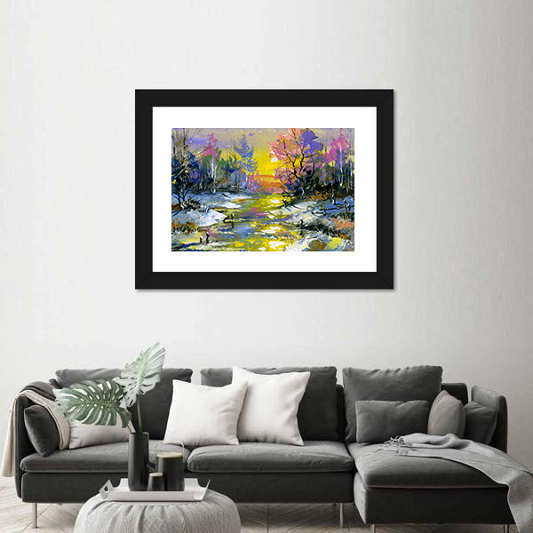 Winter Sunset River in Snowy Forest Canvas Wall Art