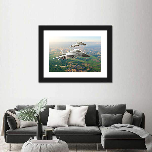 Twin Fighter Jets Over Airfield Canvas Wall Art