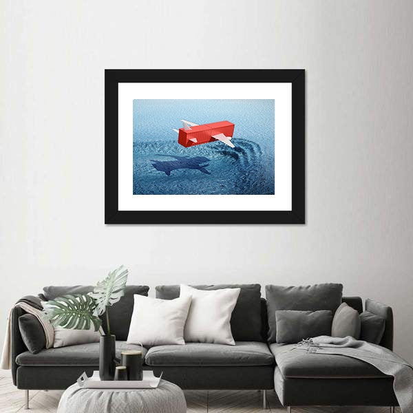 Shipping Container Airplane Over Whale Shadow Canvas Wall Art