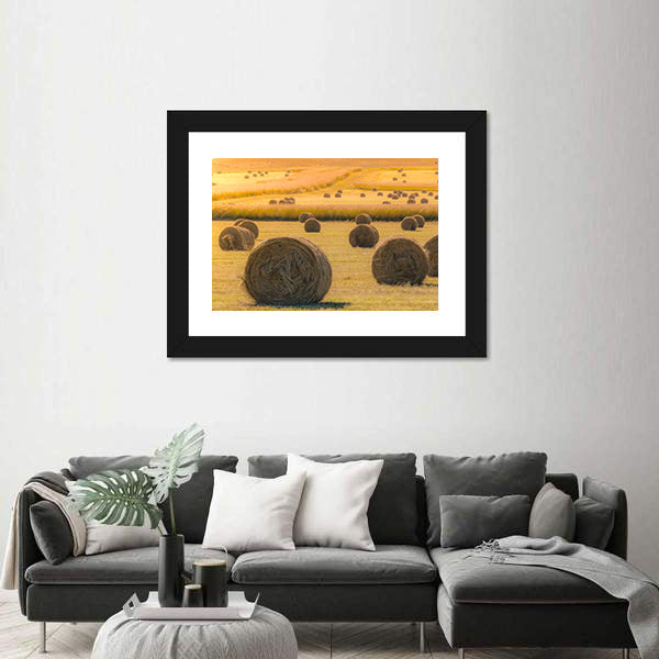 Hay Bales On Golden Field At Sunset Canvas Wall Art