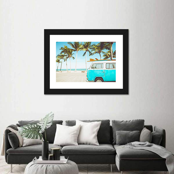 Teal and White Kombi on Tropical Beach Canvas Wall Art