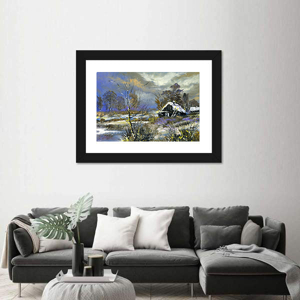 Snow-covered Cabin by the Lake Canvas Wall Art