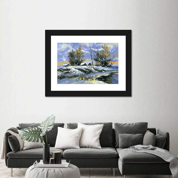 House on Lake in Winter Canvas Wall Art