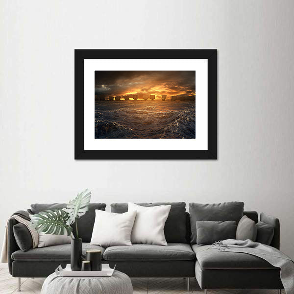 Viking Longships at Stormy Sunset Canvas Wall Art
