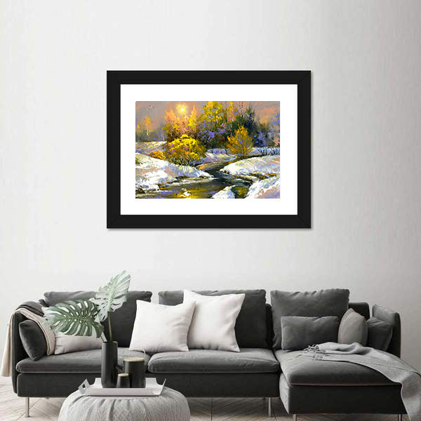 Winter River Through Snowy Forest Canvas Wall Art