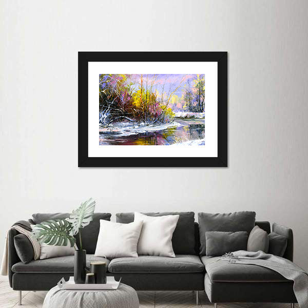 Winter River at Sunset Canvas Wall Art