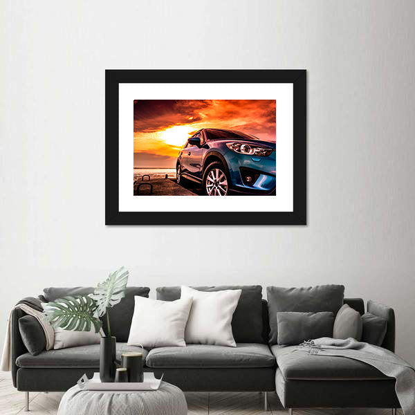 Blue Suv at Coastal Sunset Canvas Wall Art