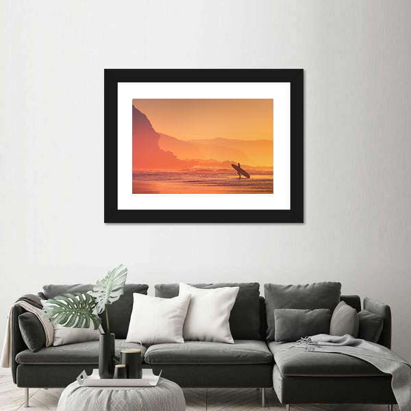 Surfer Silhouette At The Sunset Canvas Wall Art