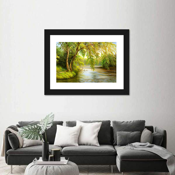 Summer Riverbank with Weeping Willow Canvas Wall Art