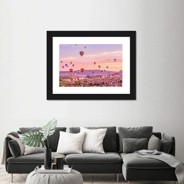 Hot Air balloons Flying Over Rock Landscape At Cappadocia Canvas Wall Art