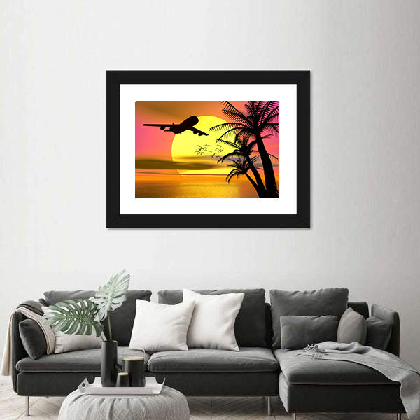 Tropical Sunset With Airplane Canvas Wall Art