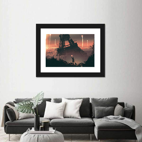 Silhouetted Man at Crumbling Eiffel Tower Canvas Wall Art