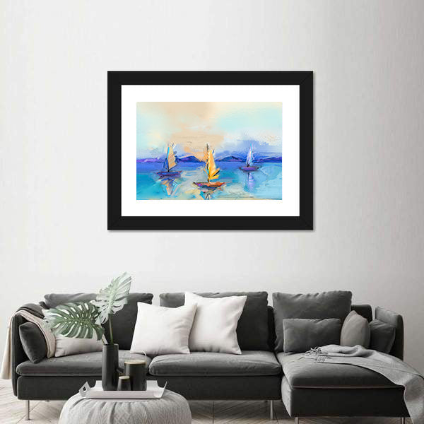 Textured Oil Seascape with Three Sailboats Canvas Wall Art