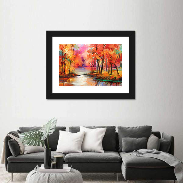 Autumn Forest with River Canvas Wall Art