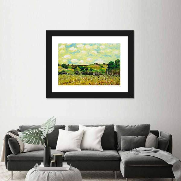Sunlit Rolling Green Farm Fields Painting Canvas Wall Art