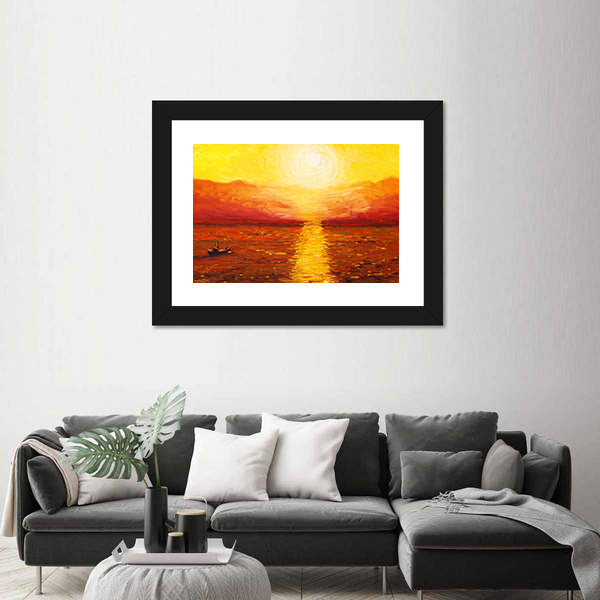 Sunset Sea with Boat Oil Painting Canvas Wall Art
