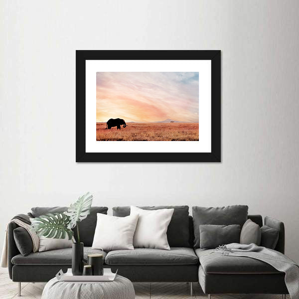 Lonely Elephant In Savannah Sunset Canvas Wall Art